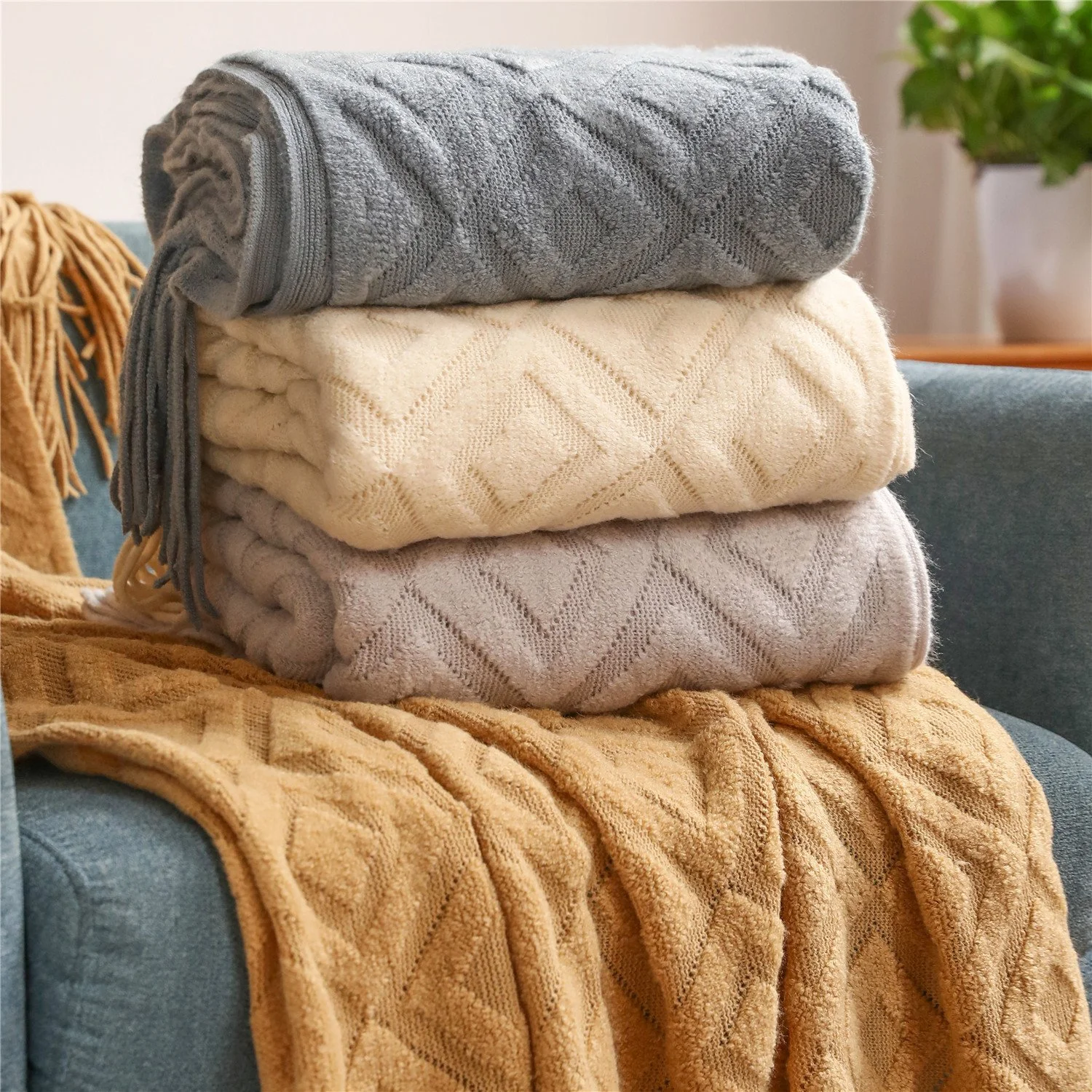 Diamond Knit Winter Cashmere Sofa Blanket with Tassels