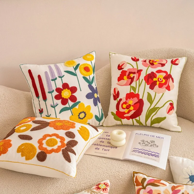 Floral Embroidered Jacquard Pillow Cover 18x18 Inch Decorative Cushion