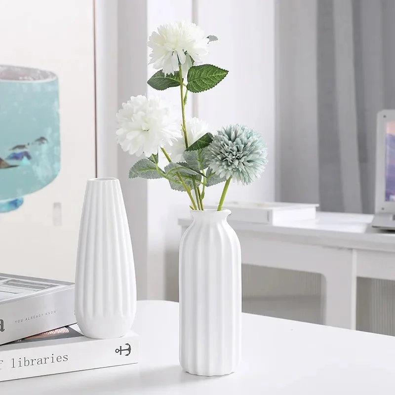White Ceramic Stripe Textured Flower Vase