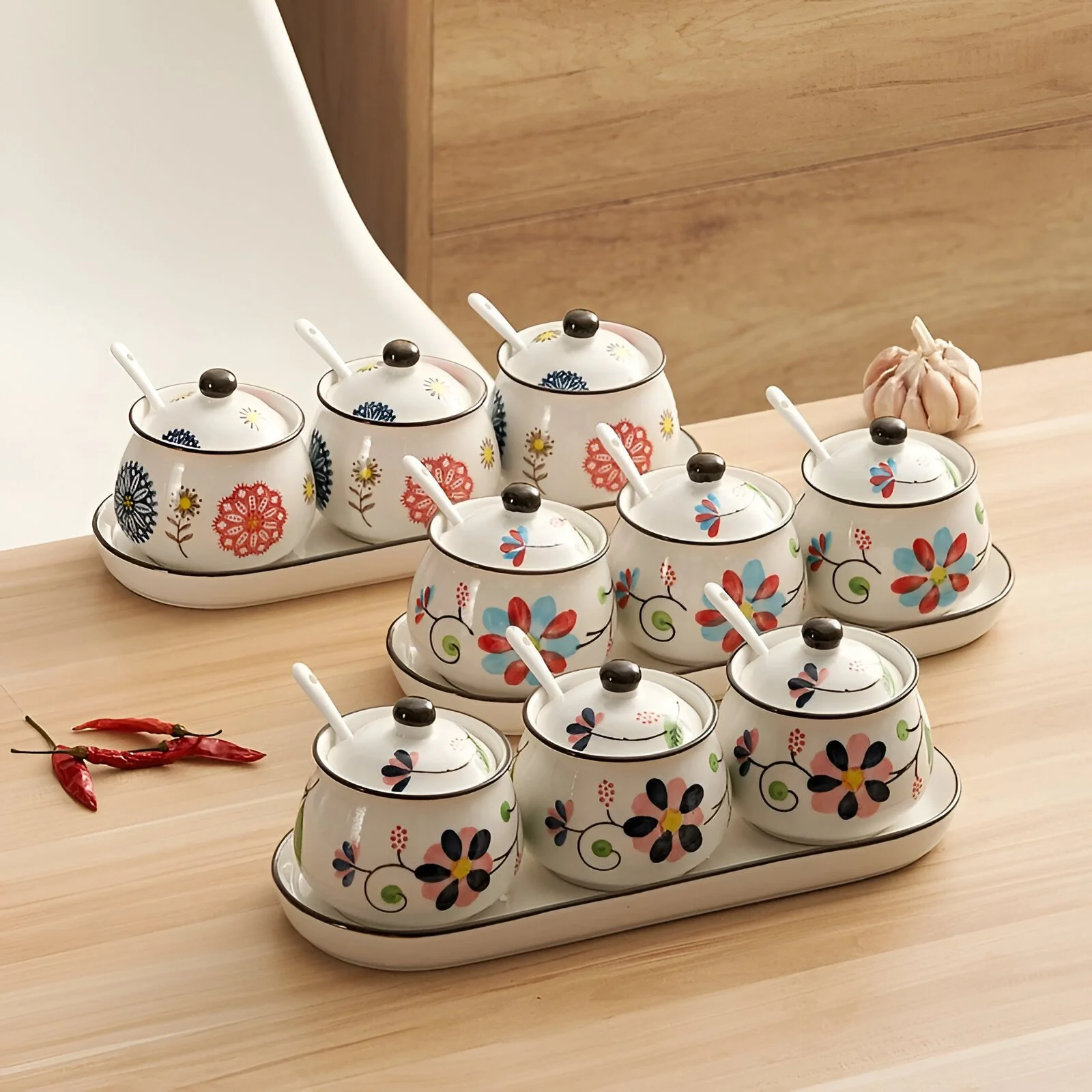 Japanese Floral Ceramic Spice & Oil Storage Pot for Kitchen Use