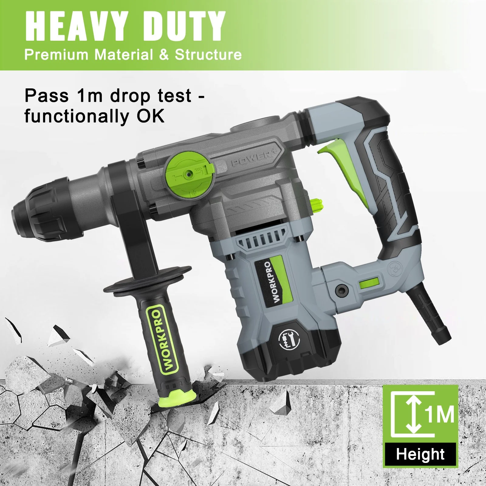 Heavy Duty 12.5 AMP Rotary Hammer Drill for Concrete, Steel & Wood