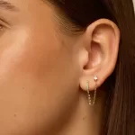 14K Gold Plated Double Piercing Chain Huggie Hoop Earrings with CZ Stud