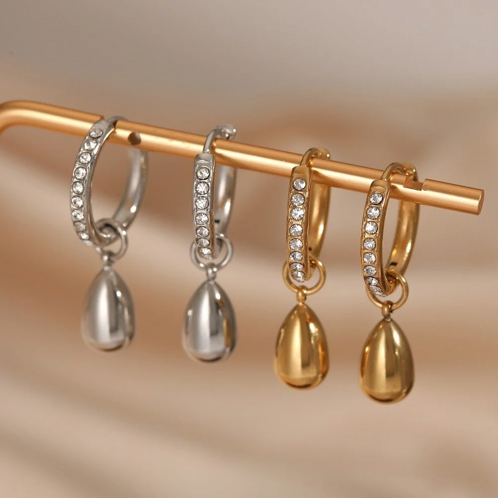 Gold Waterdrop Zircon Hoop Earrings – Minimalist Chunky Teardrop Huggie