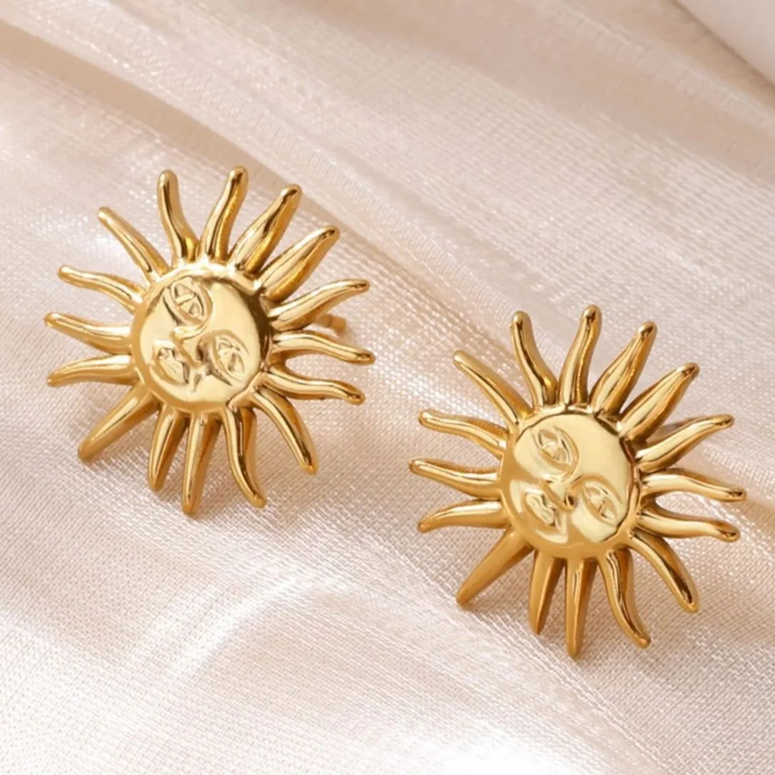 Gold Plated Punk Sun Face Earrings – Geometric Stainless Steel Jewelry Gift