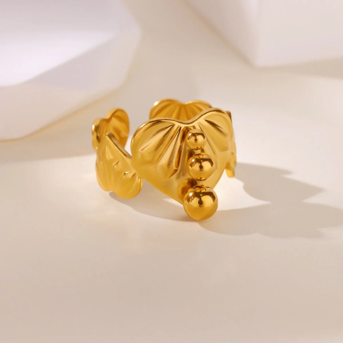 Gold Geometric Heart Bead Ring for Women