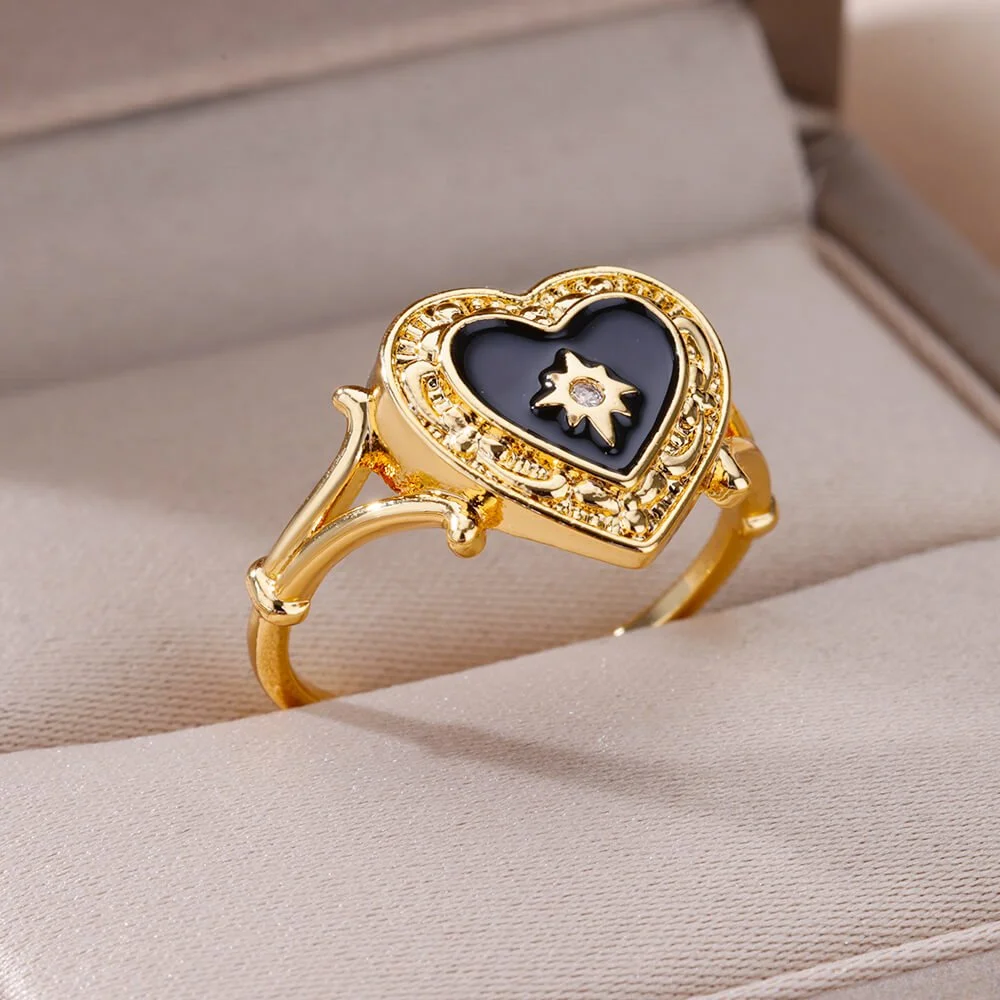Gold Heart Zircon Ring for Women – Trendy Stainless Steel Wedding Band