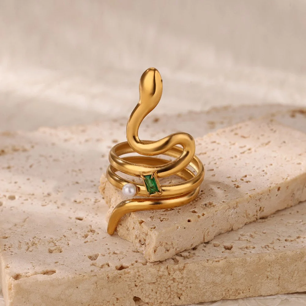 Gold Zircon Pearl Snake Ring – Elegant Stainless Steel Jewelry for Women