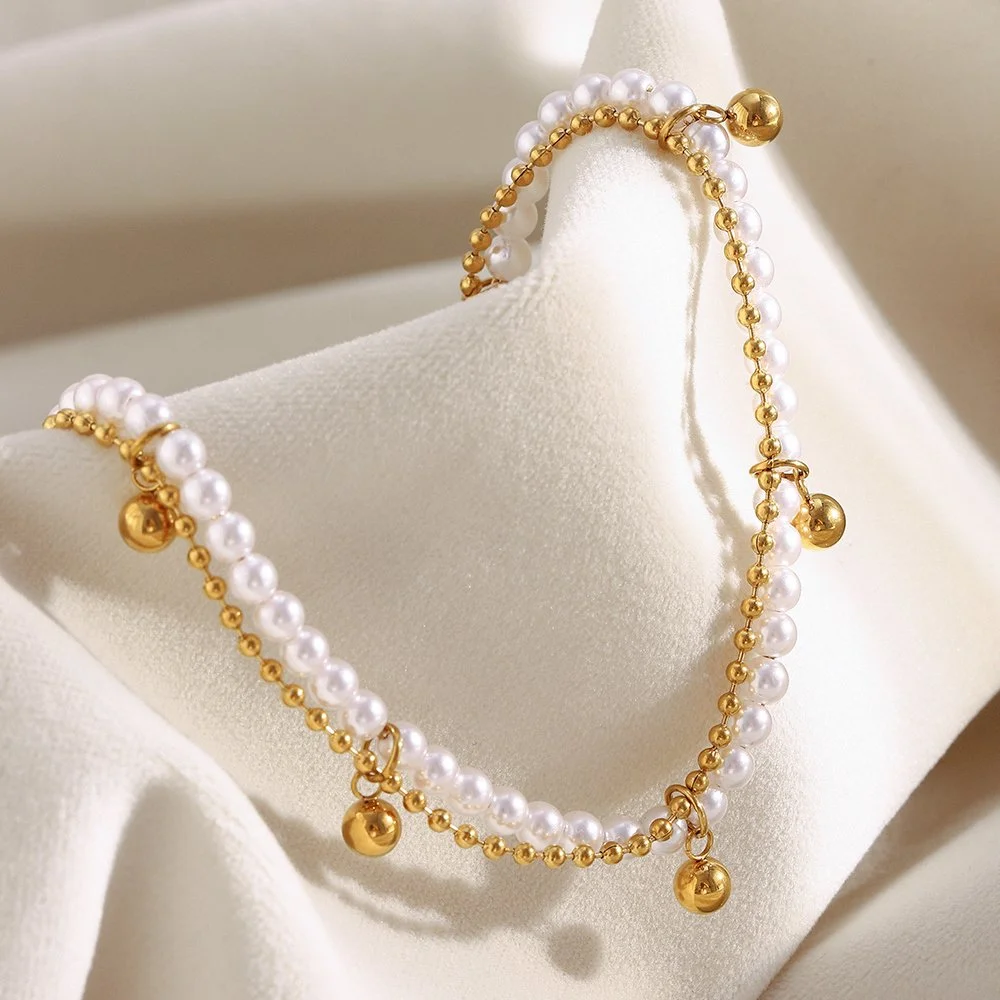 Round Pearl Double-Chain Waterproof Stainless Steel Necklace