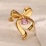 Pink Zircon Bow Tie Ring for Women – Gold Stainless Steel Fashion Jewelry