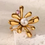 Zircon Flower Imitation Pearl Gold Stainless Steel Wedding Ring for Women