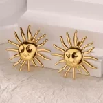 Gold Stainless Steel Sun Face Stud Earrings for Women