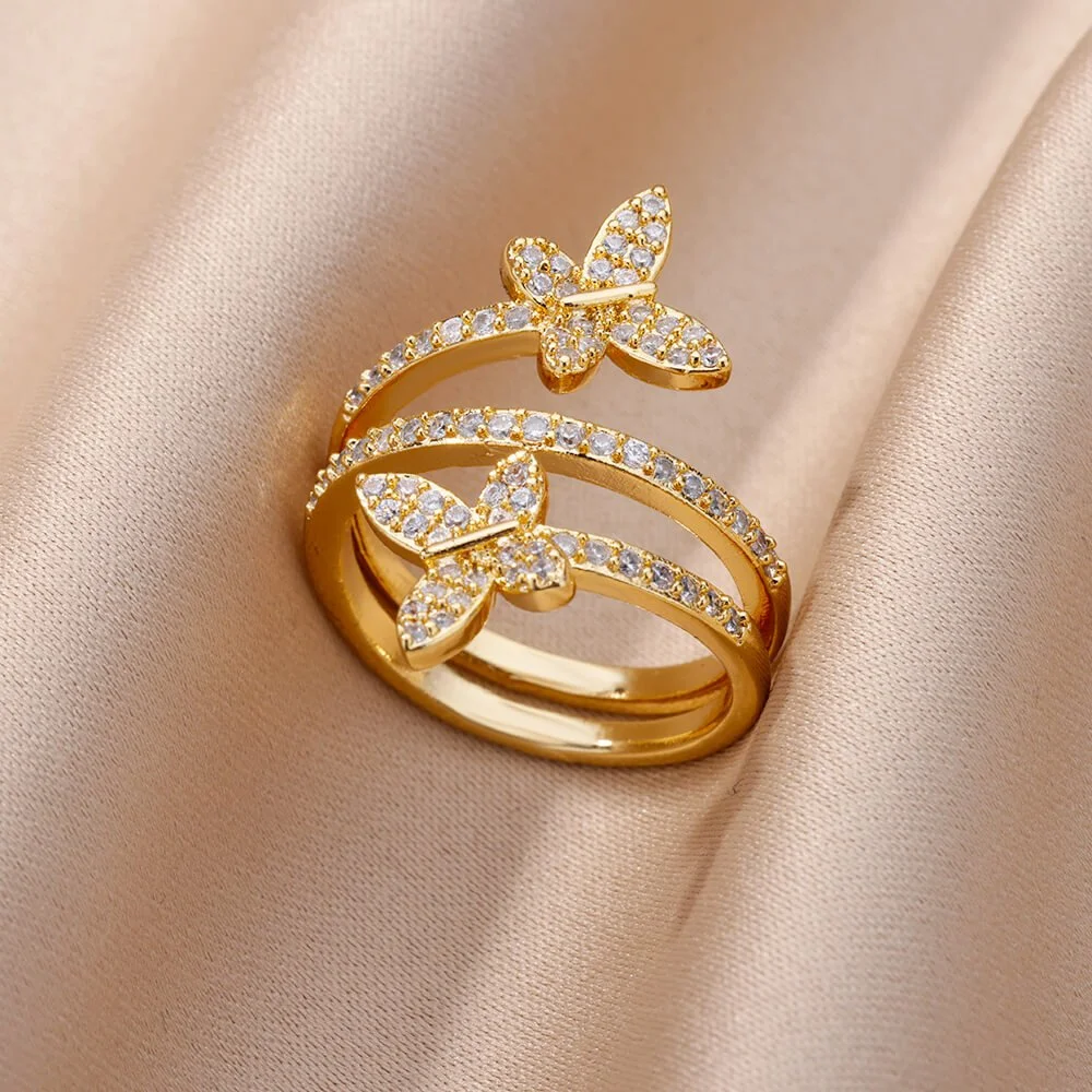 Gold Plated Zircon Double Butterfly Ring for Women