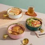 Nordic Ceramic Bowl with Gold Rim – Elegant Porcelain Tableware
