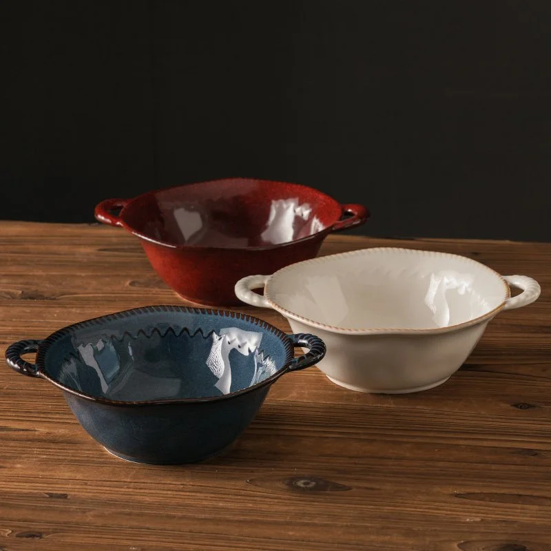Retro Ceramic Double-Eared Dinner Bowl – 1.2 QT Large Capacity