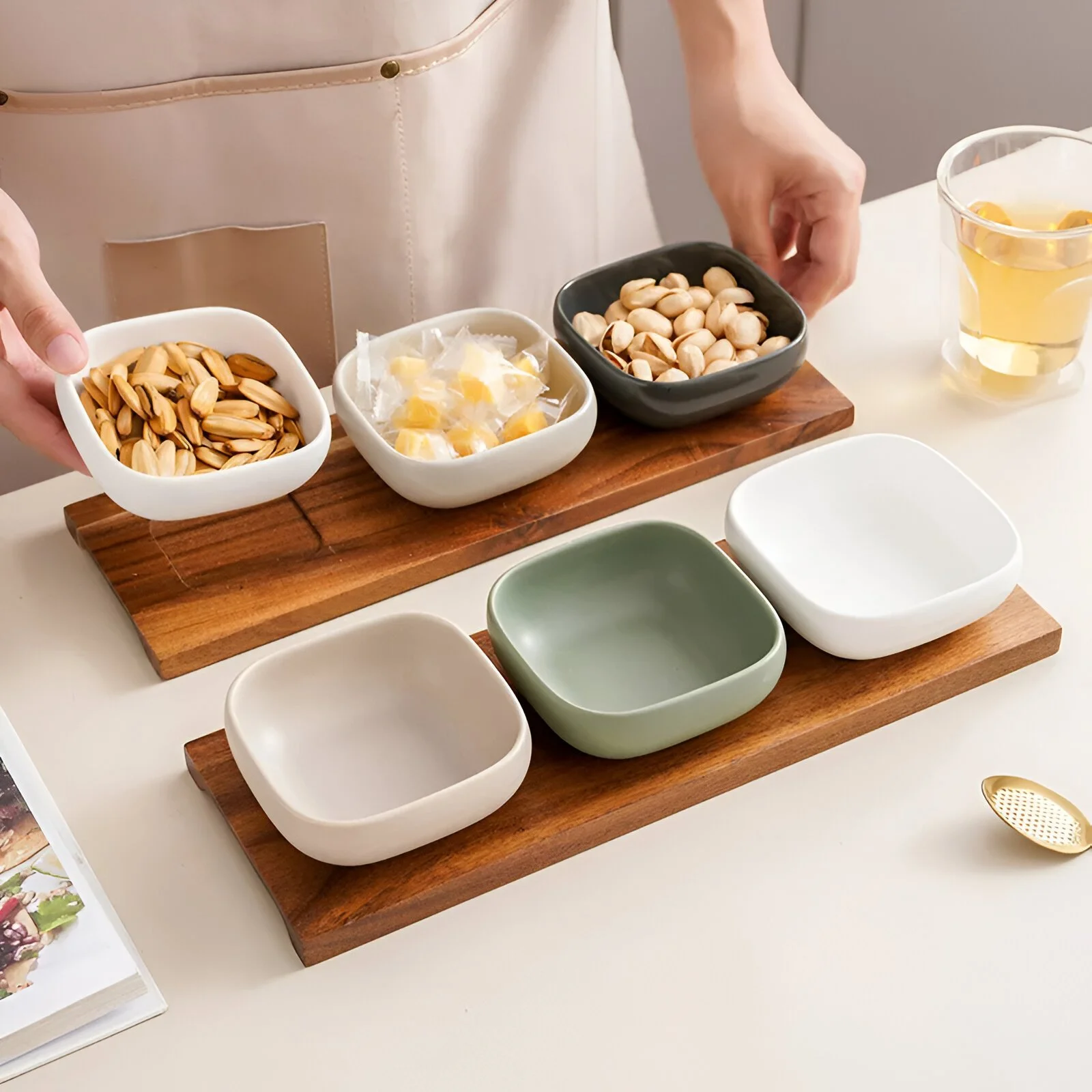 Nordic Minimalist Ceramic Snack Bowl Set with Acacia Wood Tray – 3 Piece