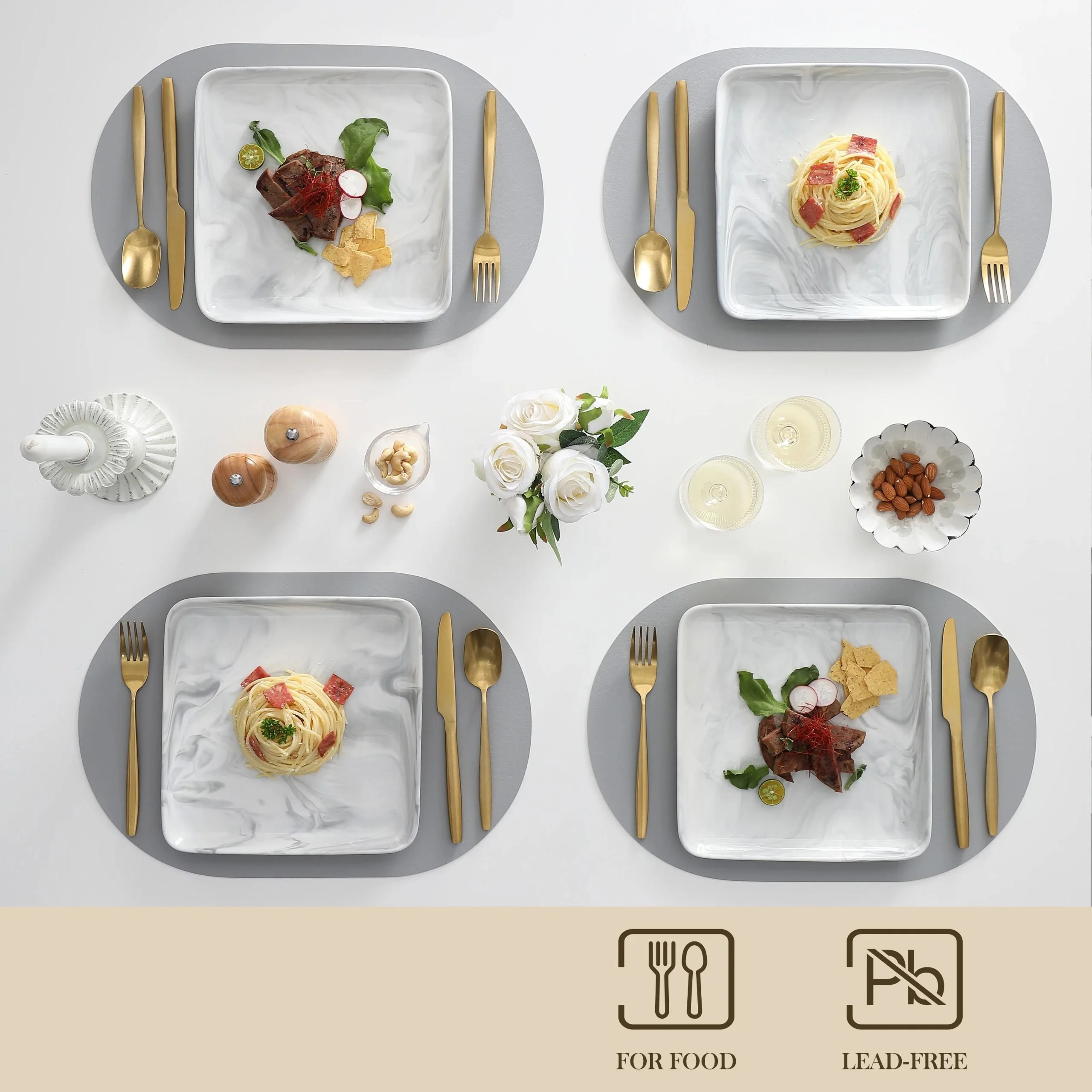 Square Marble Grey Porcelain Dinner Plates Set