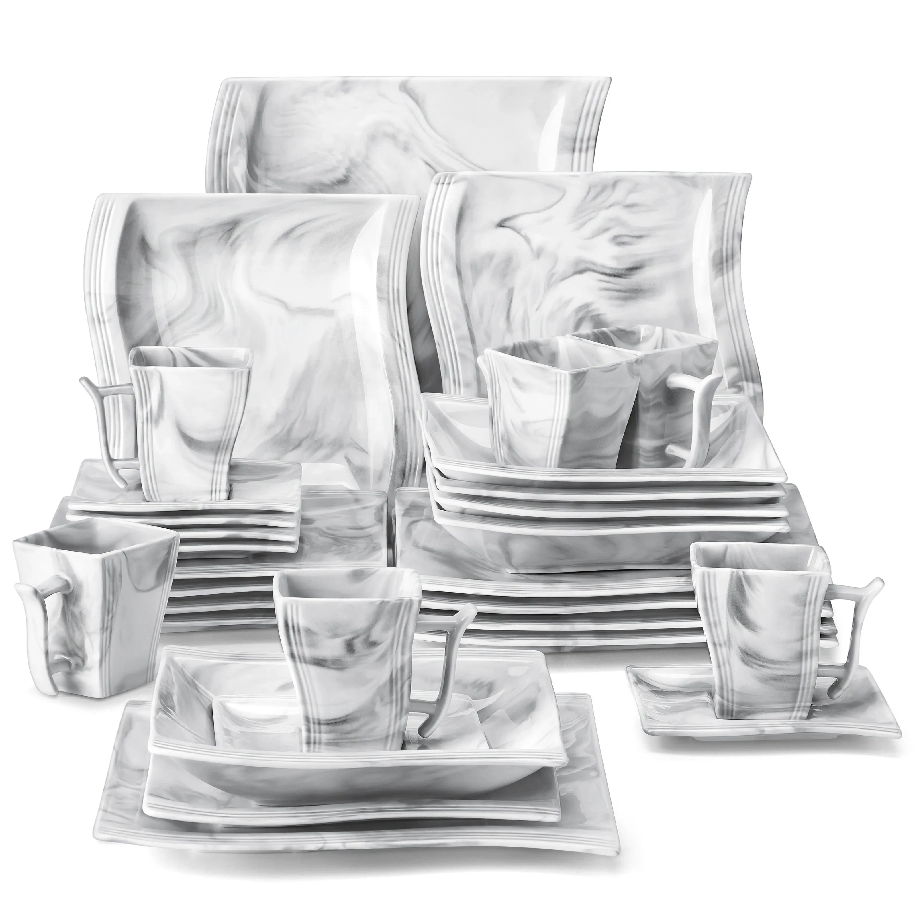 Marble Porcelain Dinnerware Set 30–60 Pieces with Plates, Cups & Saucers