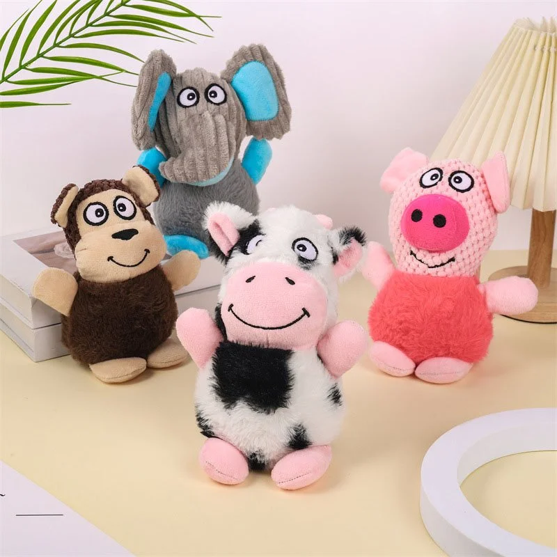 Plush Animal Chew Toys for Dogs – Monkey, Elephant, Cow & Piglet