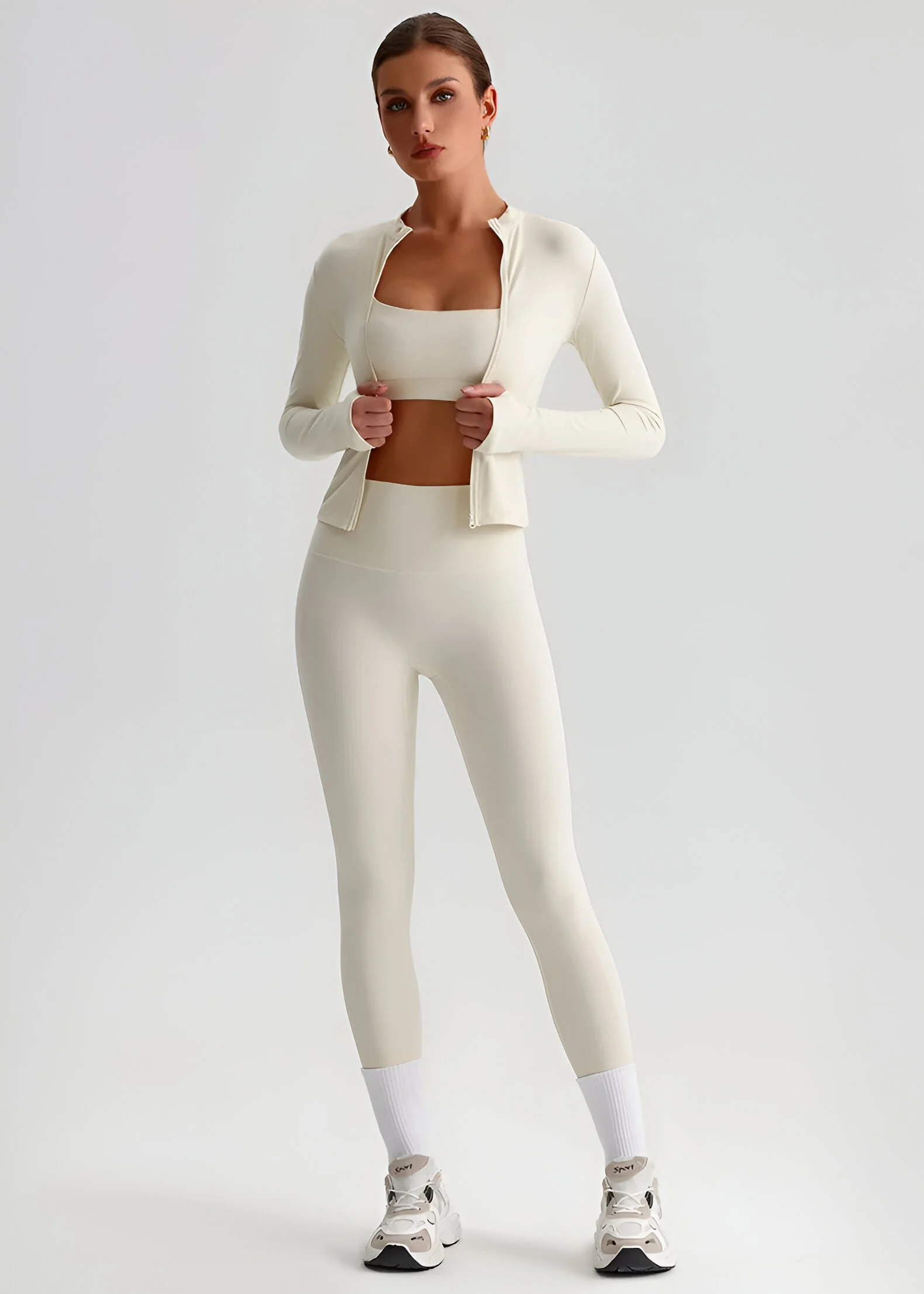 Solid Color High Waist Yoga Set with Full Zip Jacket – Women's Fitness Suit