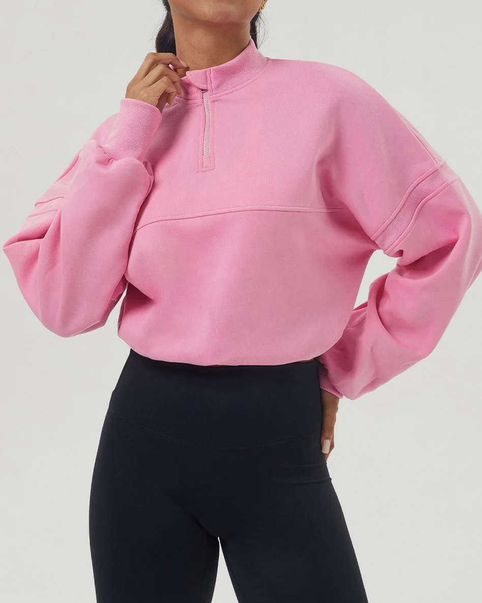 Oversized Cropped Quarter Zip Hoodie with Drawstring Hem