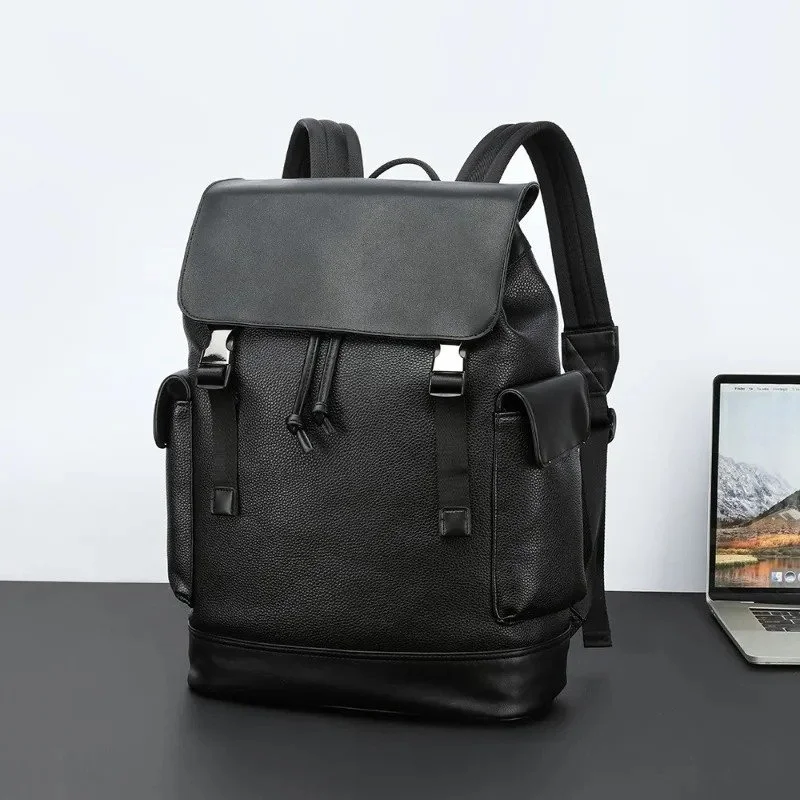 Men’s Luxury PU Leather Laptop Backpack with Flap & Lock