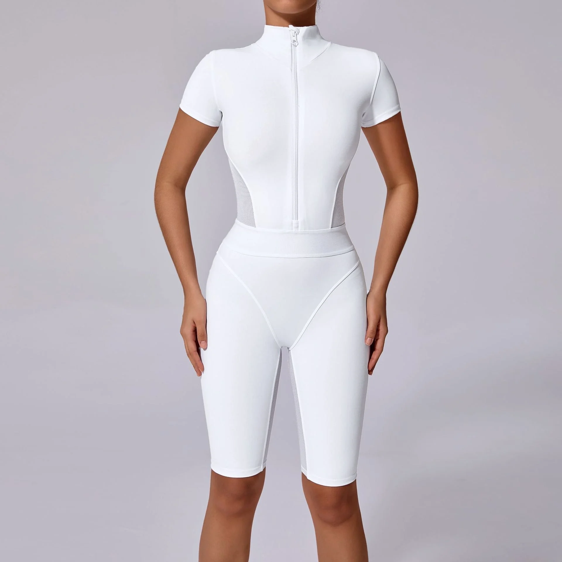 Women’s One-Piece Zip Front Workout Jumpsuit with Short Sleeves