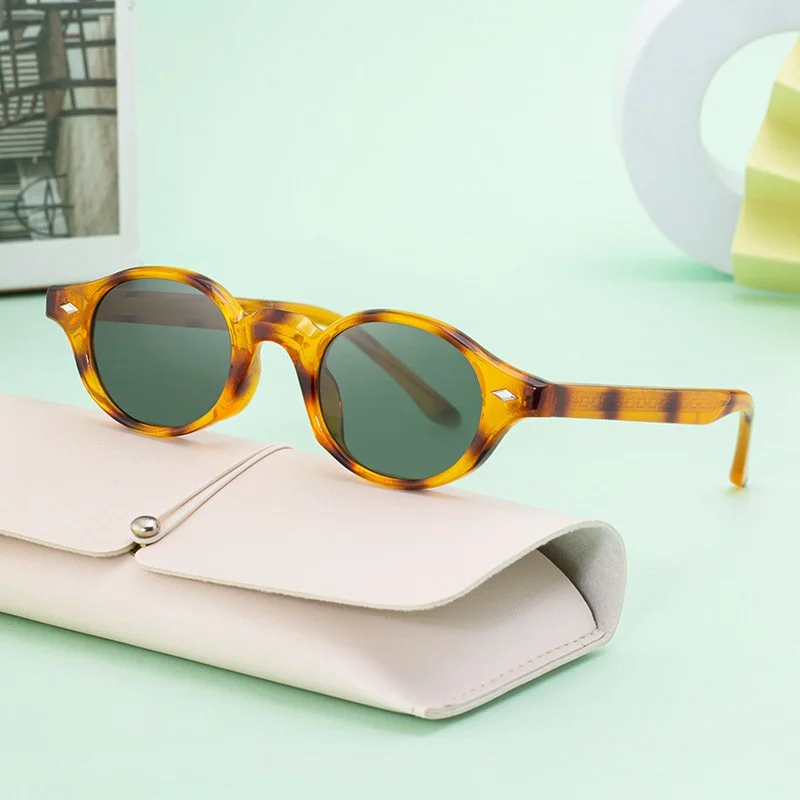 Retro Oval UV400 Sunglasses with Dark Green Lenses and Rivet Details